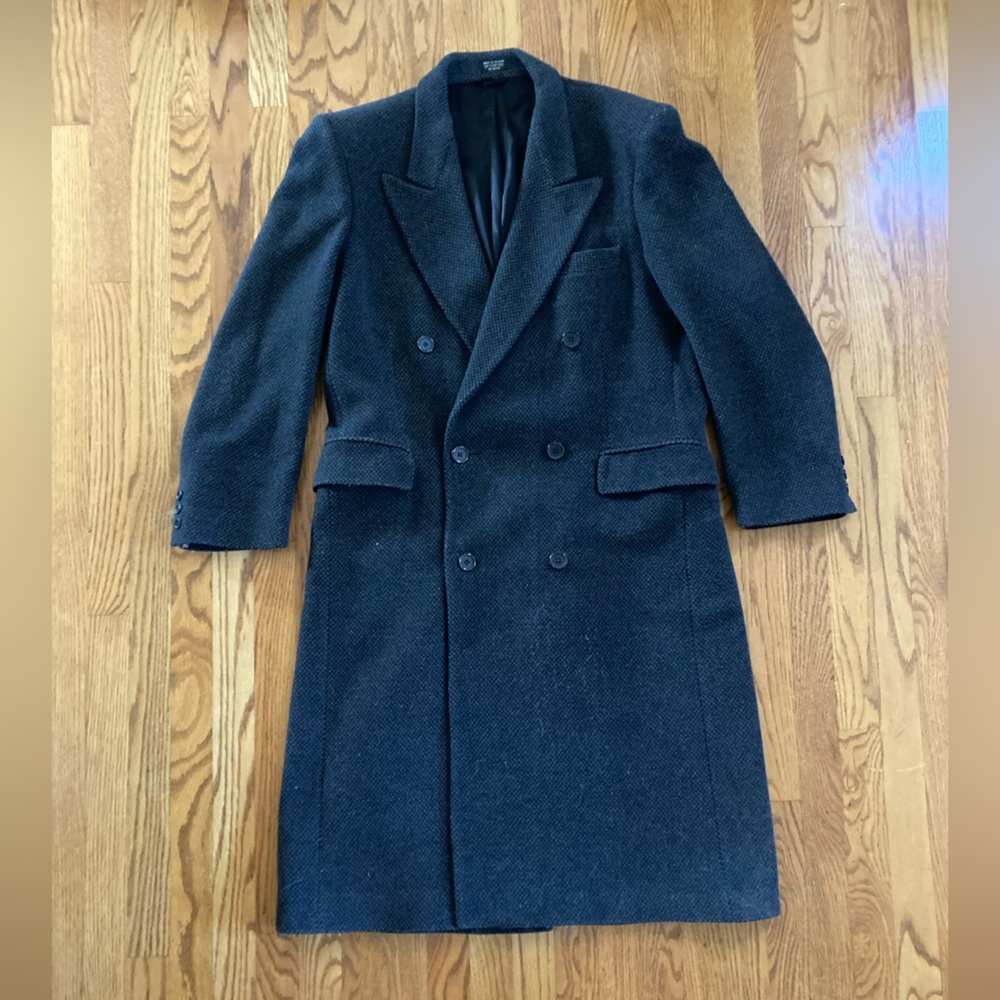 Vintage men’s wool long double breasted outerwear coat dark grey tweed